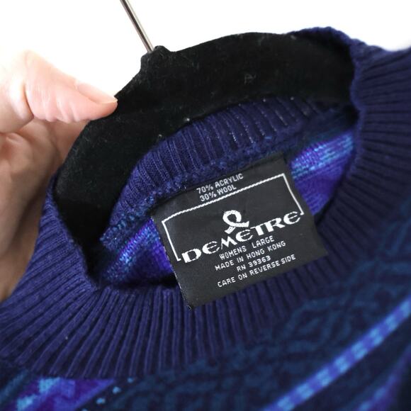 Vintage Demetre AOP Fair Isle Striped Navy Purple Wool Ski Sweater L 80s Granny - Picture 4 of 8